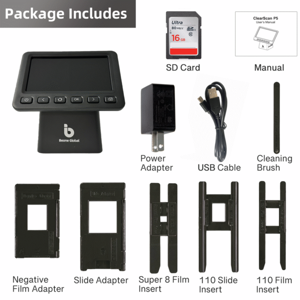 ClearScan P5 Film Scanner with SD Card, Upgraded Version, 24MP High-Resolution 35mm/135/126/110/Super 8 Film & Slide Converter with 5” LCD, Quick Digital JPEG Conversion