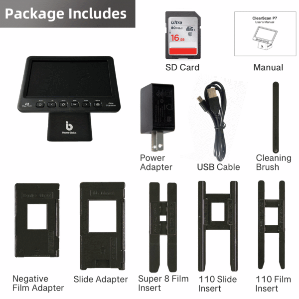 ClearScan P7 Film Scanner with SD Card,7” LCD,Upgraded Version, 24MP High-Resolution 35mm/135/126/110/Super 8 Film & Slide Converter, Quick Digital JPEG Conversion